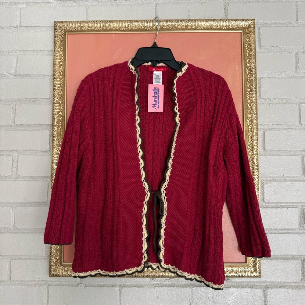 NWT Vintage 90s Anne Klein Red Cable-Knit Scalloped Edge Open Cardigan Sweater